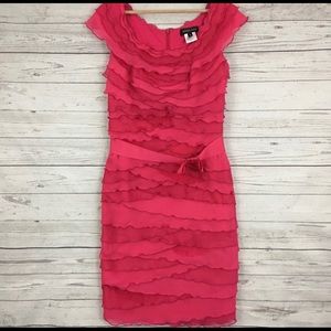 Tadashi Shoji tiered ruffle bow sheath dress